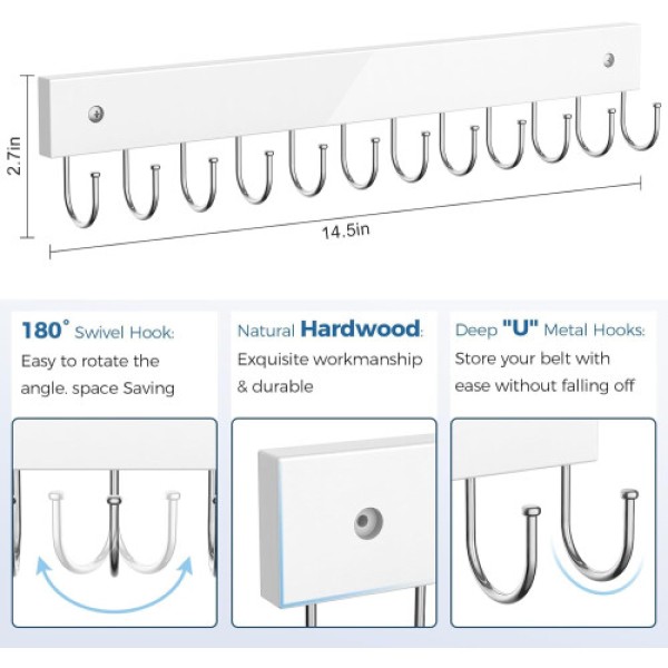 Wall-mounted wooden belt rack, 2-pack, holds 24 belts, 180° swivel, white.